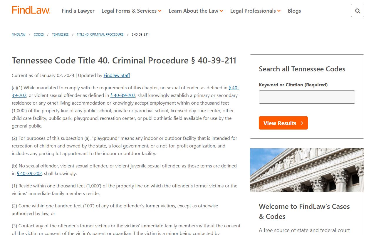 Tennessee Sex Offenders legal code page for registry use and public notice