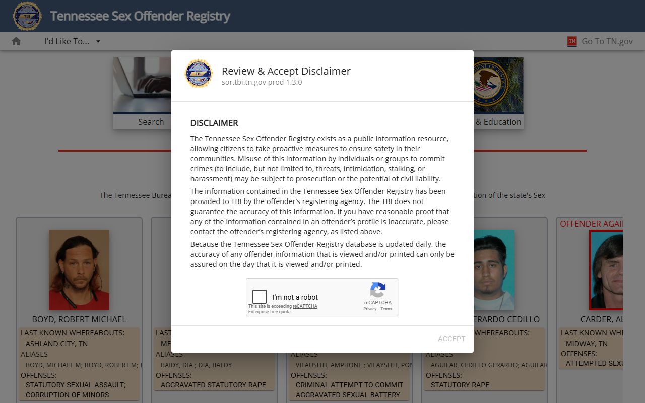 Tennessee Sex Offenders search portal on the TBI registry site