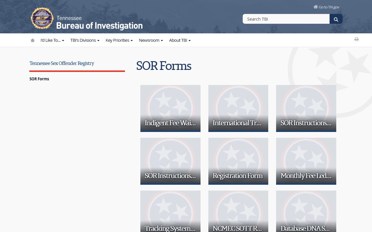 Tennessee Sex Offenders forms page for registry updates